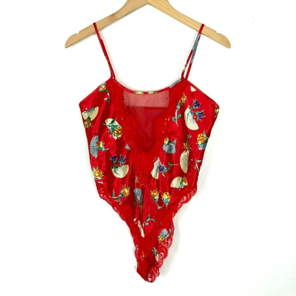 Delicates 90's Vintage Satin Sheer Lace Floral Bodysuit
